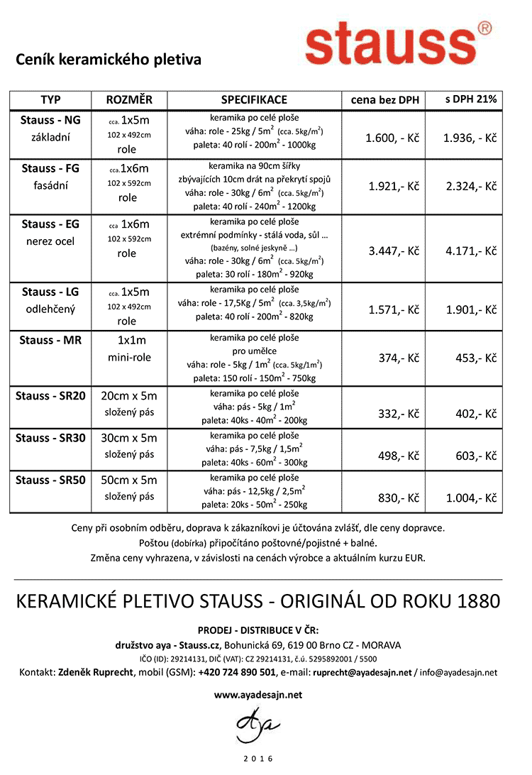 Ceník keramického pletiva Stauss